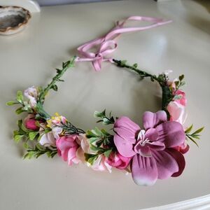 Adult Pink Flower Crown Ribbons Ostara Spring